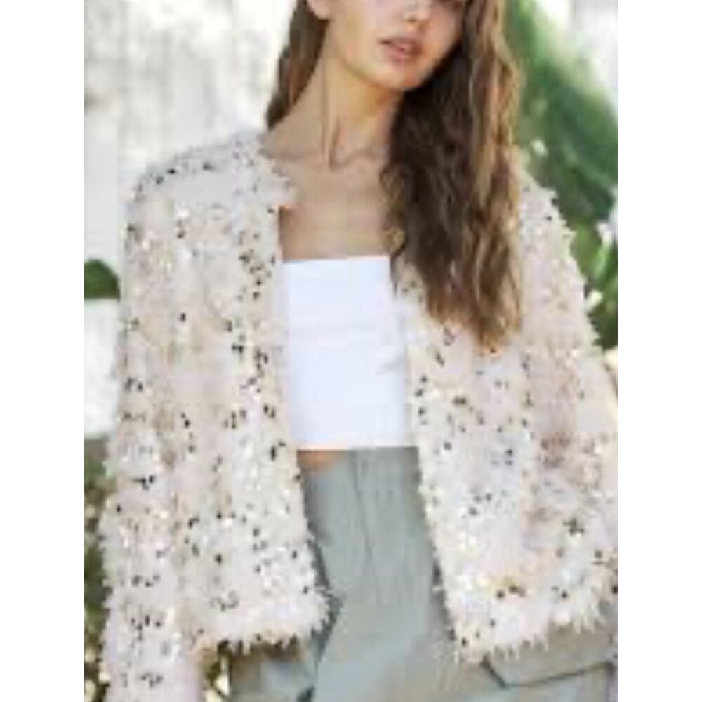 Feathery Sequin Cardigan Beige Small Glam Shag Jacket Boutique NWT Cropped